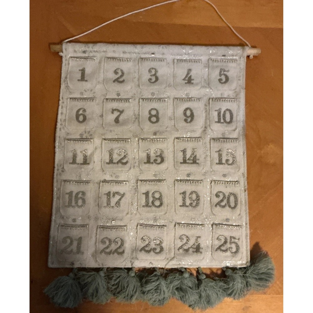 St.‎ Nicholas Square Hanging ADVENT CALENDAR Cream Silver Snowflakes Fabric